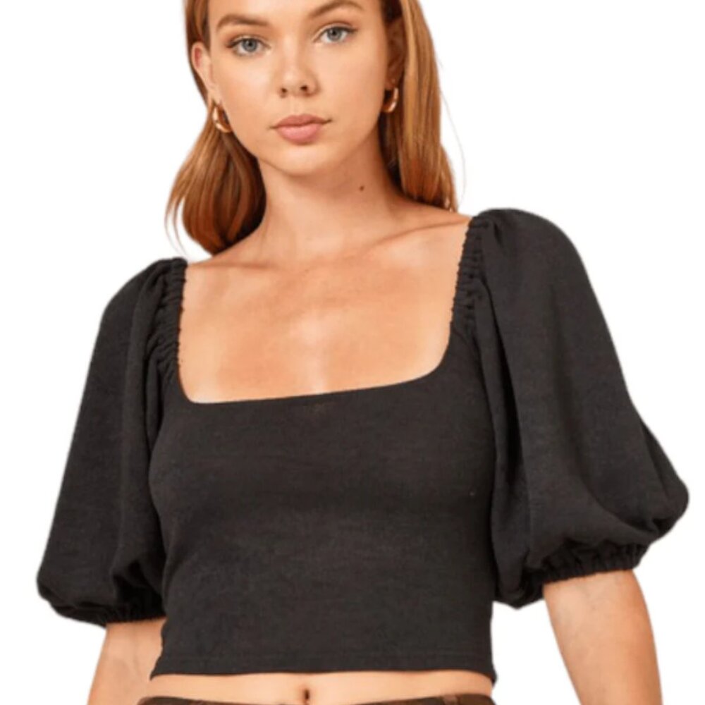 Black Square Neck Puff Sleeve Knit Top